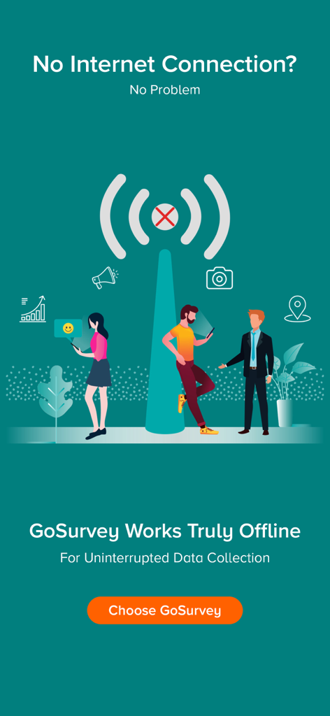 GoSurvey - Offline Survey - Promotion graphic for GoSurvey app showing professionals collecting data without an internet connection