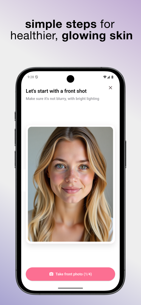Glam AI – Start Your Glowup - Glam AI app interface showing a front face selfie scan for personalized skin analysis and a healthier glowup