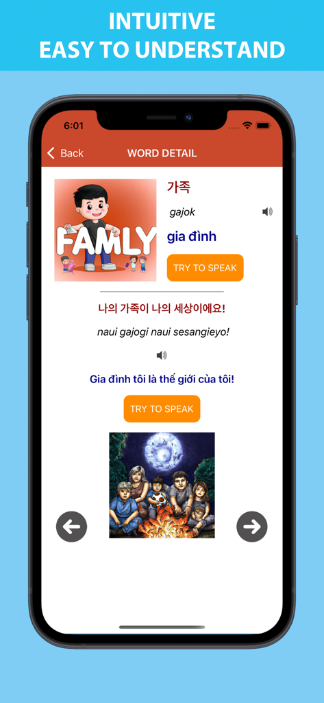 Talk to me in Korean - Talk to me in Korean app showing word detail for family with pronunciation and speaking practice buttons.