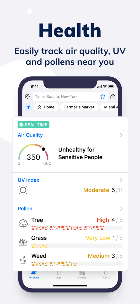 Tomorrow.io: Weather Forecast - Tomorrow.io app interface showing real time air quality UV index and pollen levels for Times Square New York