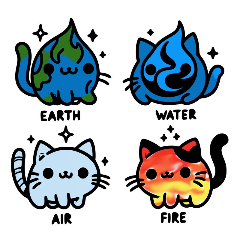 4 cats that represent the different elements, earth, water, air, and fire