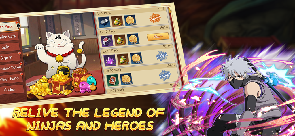 Shinobi Arena: Rise - Level progression rewards screen featuring a lucky cat and ninja character in Shinobi Arena Rise