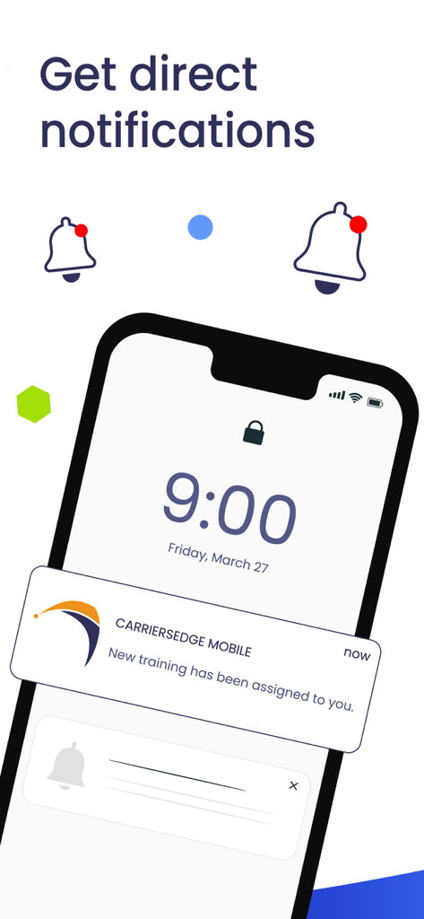 Smartphone lock screen showing a CarriersEdge mobile notification for a new training assignment.
