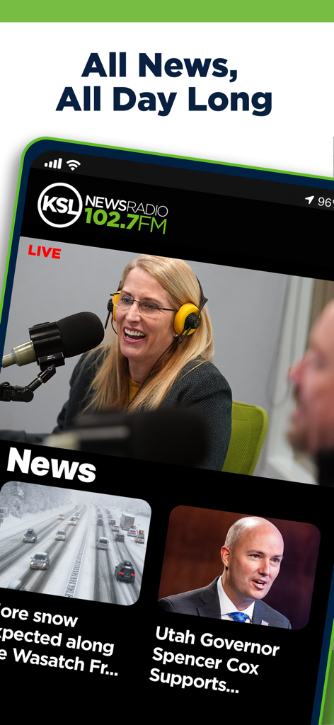 The KSL NewsRadio app interface showing a live studio video of a host and local Utah news tiles about weather and politics.