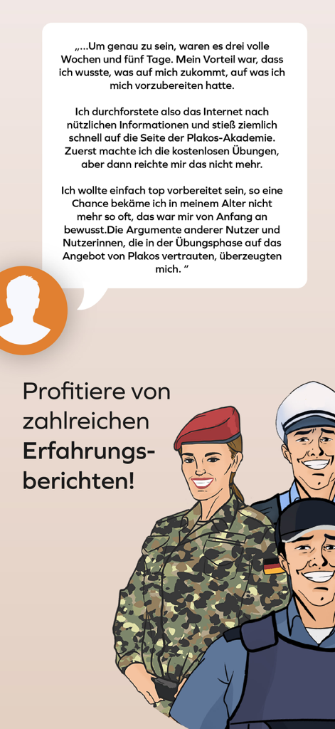 Plakos Prüfungstrainer - User testimonial for Plakos exam preparation app featuring military and police career illustrations