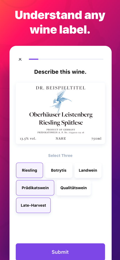 True Wine - Interactive quiz screen in the True Wine app for learning how to read and understand wine labels