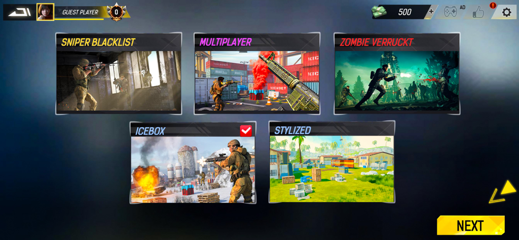 Menú principal del juego Sniper 3D Gun Shooting que muestra múltiples modos de juego, incluyendo Sniper Blacklist, Multijugador y Zombie Verruckt.