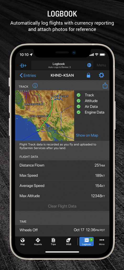 Diário de bordo do aplicativo Garmin Pilot exibindo o trajeto do voo em um mapa e dados detalhados de desempenho, como distância, velocidade e altitude.