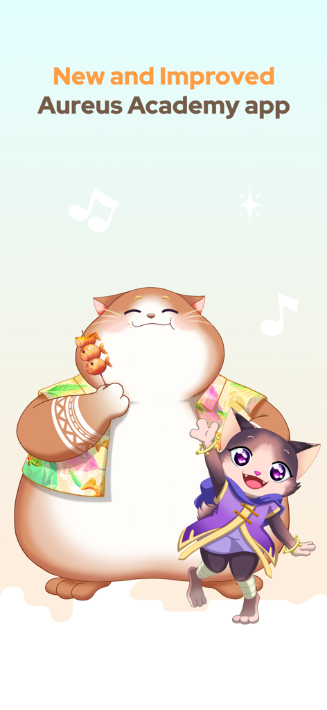 Welcome screen for the new and improved Aureus Academy app featuring musical cartoon characters