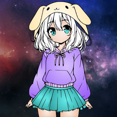 pretty anime girl wearing a fluffy hoodie with bunny ears on the hood and a skirt