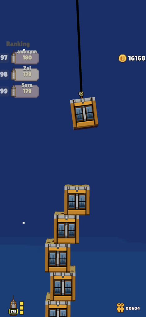 A crane lowering a building block onto a wobbly tower in City Bloxx mobile game
