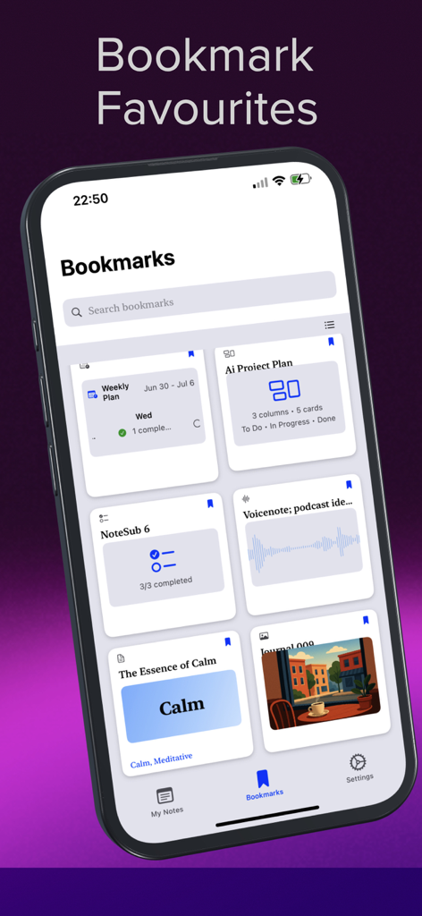 NoteSub - Pantalla de marcadores de la aplicación NoteSub que muestra un feed de notas guardadas, incluyendo tableros kanban, grabaciones de voz y planificadores semanales.