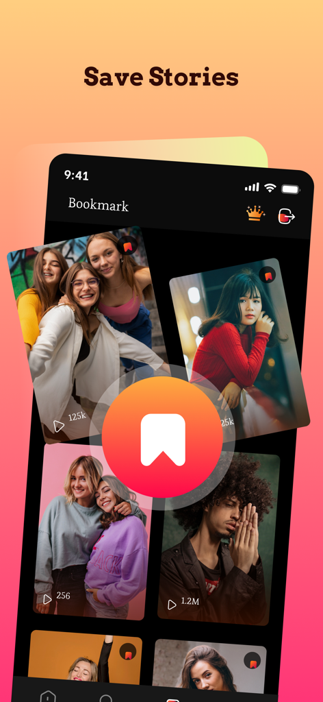Interface de l'application Story Viewer montrant des stories de médias sociaux mises en favoris dans une disposition en grille