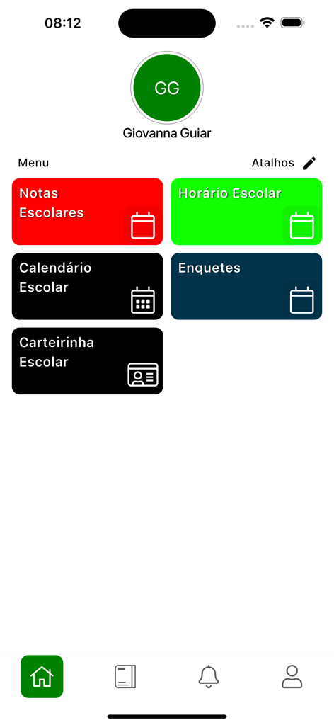 Dashboard of the Escolar Manager Smart app showing menu tiles for school grades, schedule, calendar, and digital student ID.