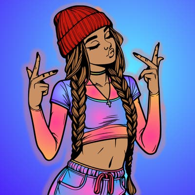 realistic teenage girl with braids and a beanie and crop top doing 🫶🏼