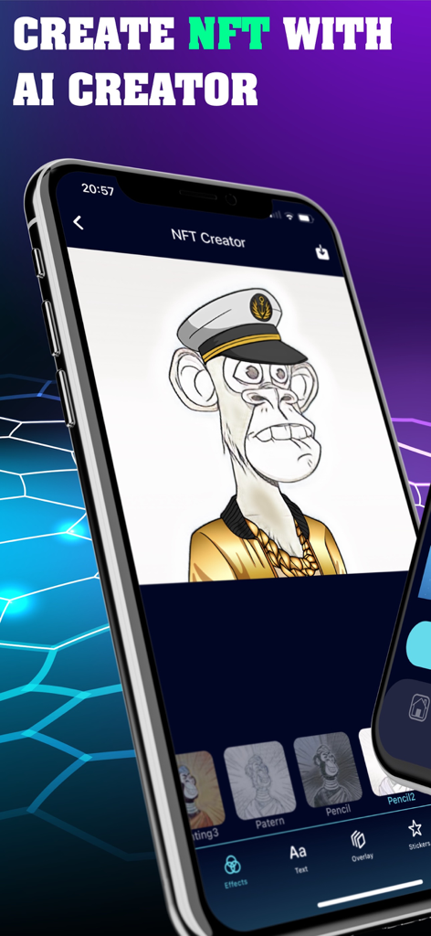 Smartphone displaying the NFT Maker app with an AI creator tool editing a digital monkey character