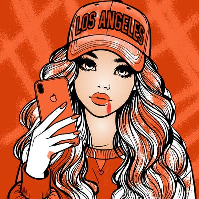 realistic beautiful girl wearing los ángeles cap holding an iphone