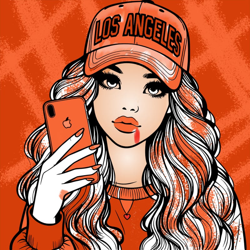 realistic beautiful girl wearing los ángeles cap holding an iphone