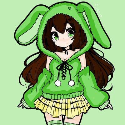pretty anime girl wearing a fluffy hoodie with bunny ears on the hood and a skirt