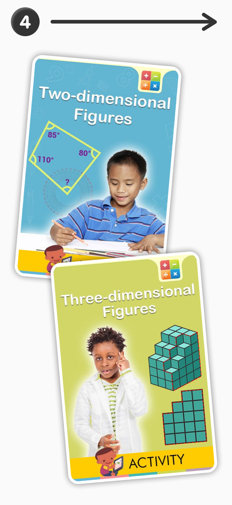 Math Games for 5th Grade Kids - Two activity cards from a math app showing lessons for two dimensional and three dimensional figures for 5th grade students