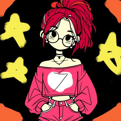 girl with a messy ponytail glasses a baggy crop top and jean shorts