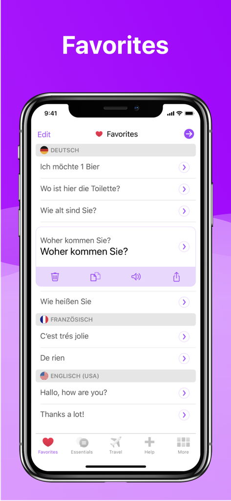 Pantalla de la aplicación iTranslate Voice mostrando una lista de frases favoritas en alemán, francés e inglés.