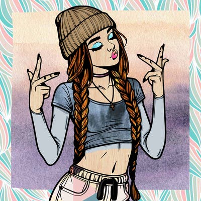 realistic teenage girl with braids and a beanie and crop top doing 🫶🏼
