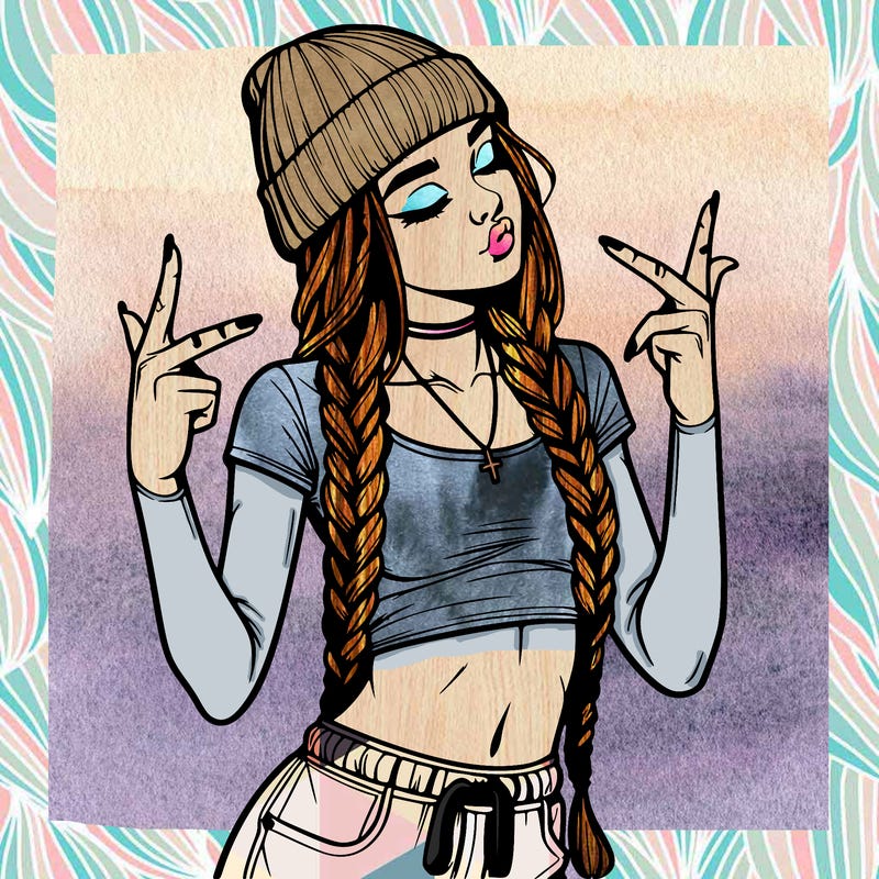 realistic teenage girl with braids and a beanie and crop top doing 🫶🏼