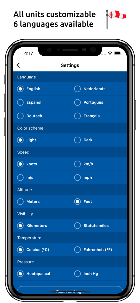 Metar-Taf app settings screen showing language options and unit customization for speed, altitude, and visibility.