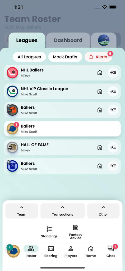 Fantrax Fantasy Sports - Screen showing a list of active fantasy sports leagues in the Fantrax app