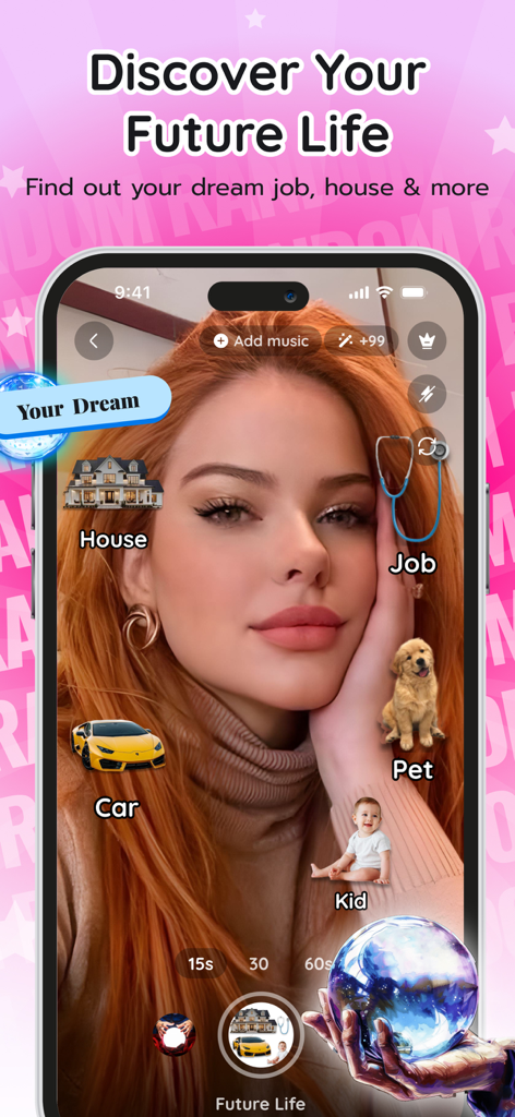 Random Filter: Lovely Tap - A young woman using the Future Life filter to predict her dream job house and car