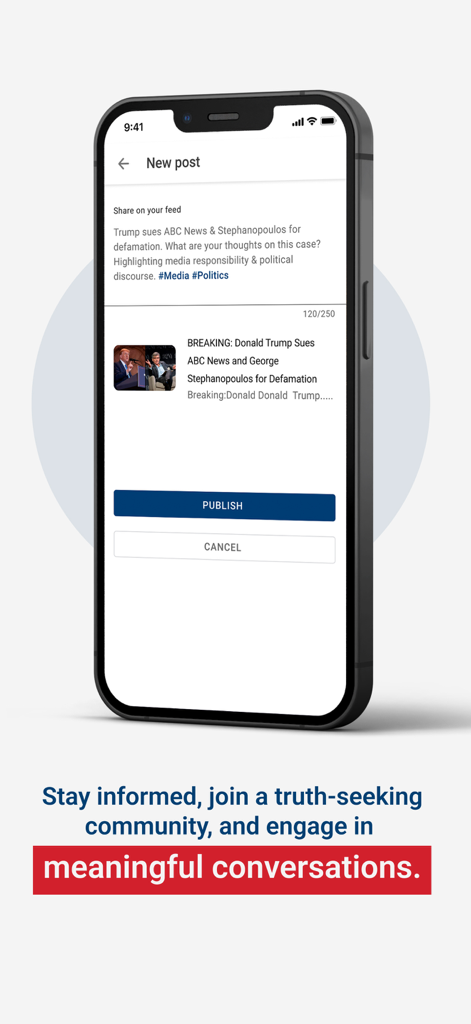 Teilen einer Nachricht über Donald Trump im Feed der Real News Now-App.