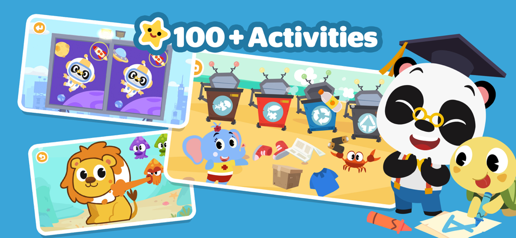 Dr. Panda Learn and Play app showing various educational activities including tracing numbers and sorting recycling