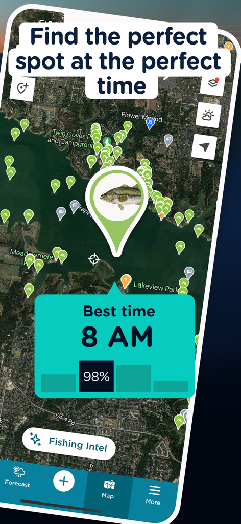 FishAngler - Fish Finder App - FishAngler app screen showing a map with fishing locations and a forecast indicating 8 AM as the best time to fish.