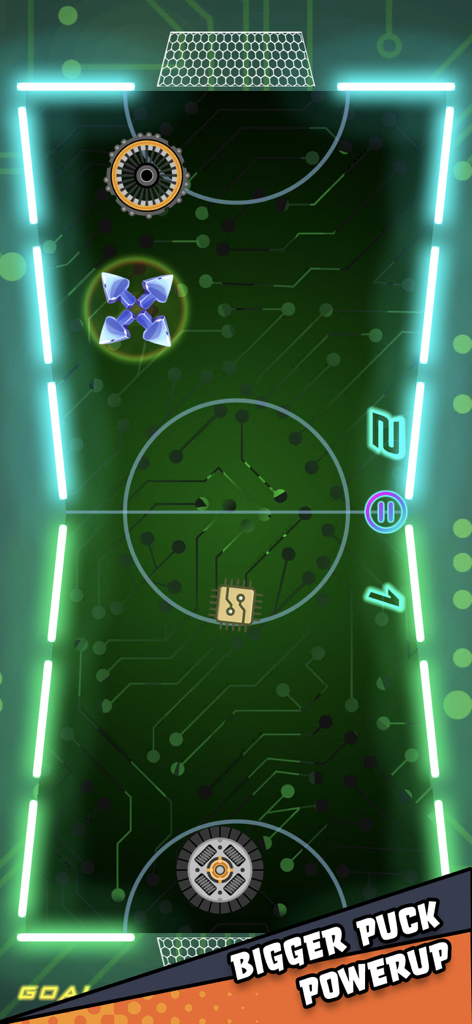 Air Hockey Glow HD Arcade 2D - Air hockey gameplay screen with a neon green circuit board theme and bigger puck powerup