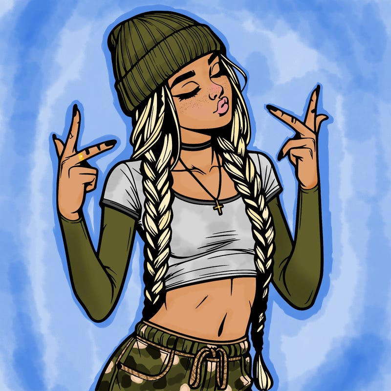 realistic teenage girl with braids and a beanie and crop top doing 🫶🏼