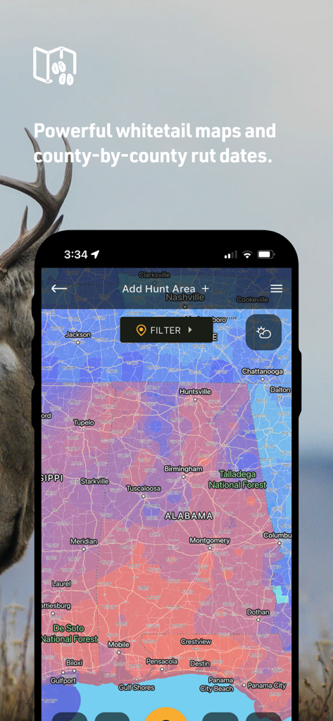 HuntStand app screen showing a county-by-county whitetail rut map for Alabama
