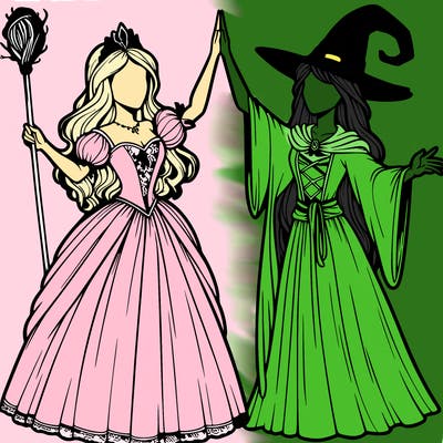detailed realistic split of a princess and a witch