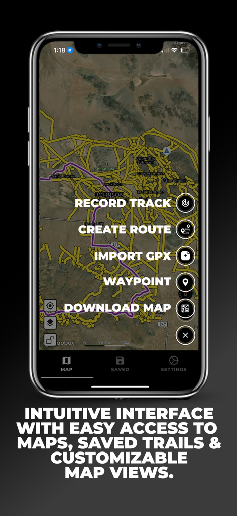 OnPoint Trails: OHV Trail Map - OnPoint Trails app interface displaying a desert OHV map and navigation menu options including record track and create route
