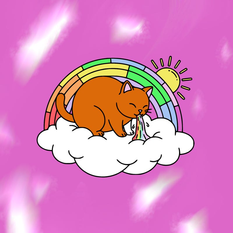 cat on a cloud throwing up with a rainbow in the background and a sun