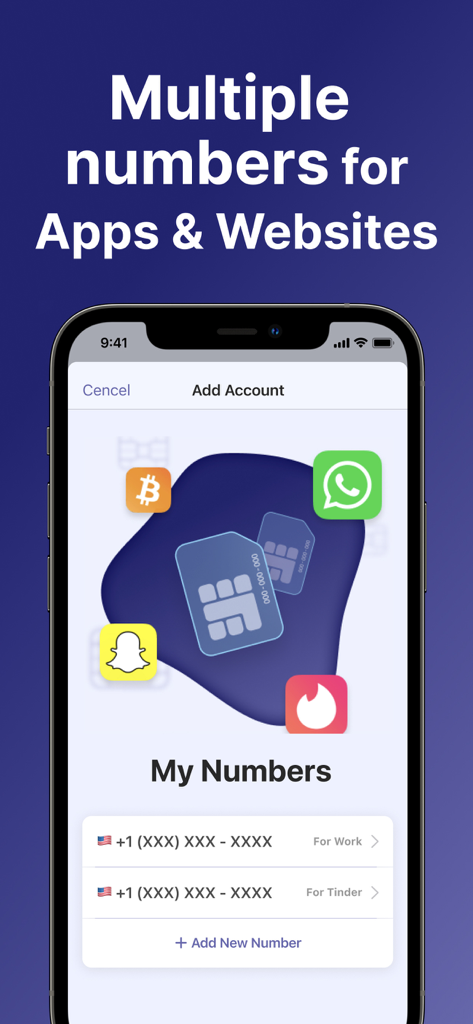 Uma tela de aplicativo móvel mostrando vários números de telefone atribuídos para trabalho e aplicativos de namoro como o Tinder.