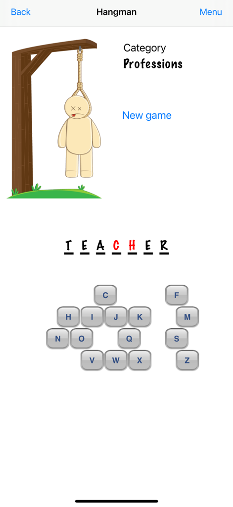 Hangman - The Best Game - Screenshot of Hangman mobile game showing the word teacher in the professions category