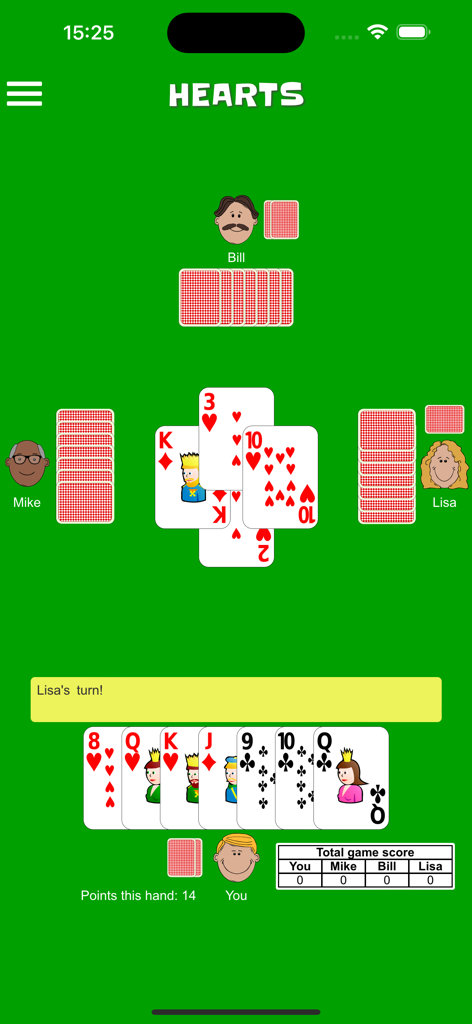 Hearts card game interface in CardGames.io app