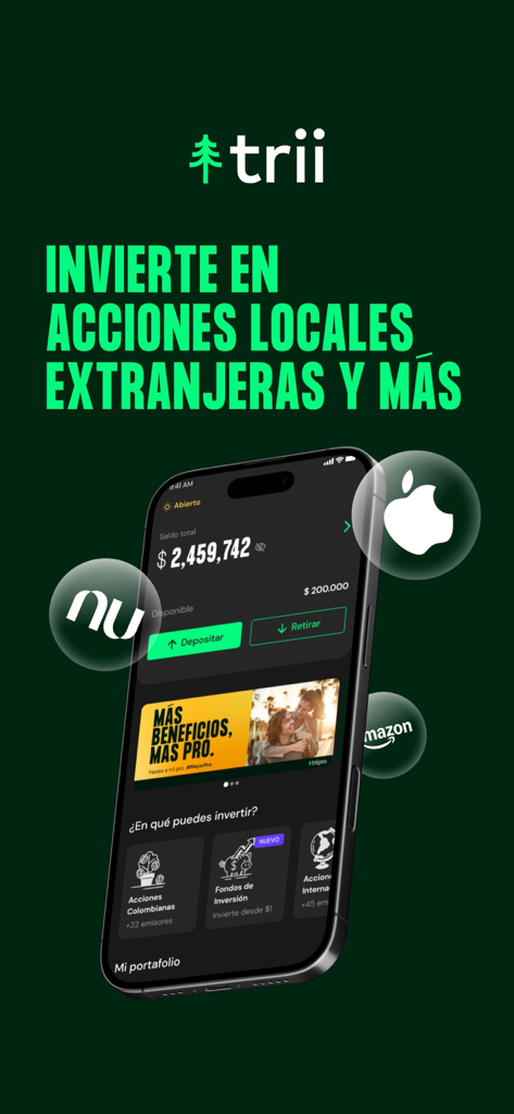 Trii - Smartphone screen showing the Trii app interface for investing in local and international stocks