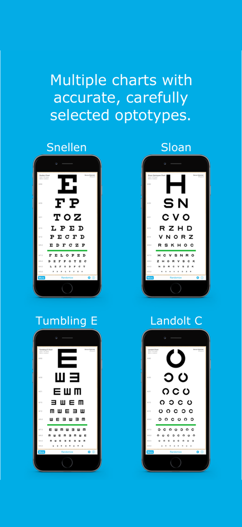 Eye Chart HD - Four different vision screening charts including Snellen and Sloan displayed on the Eye Chart HD app