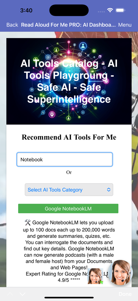 AI tools dashboard recommending Google NotebookLM with an expert rating and feature list.