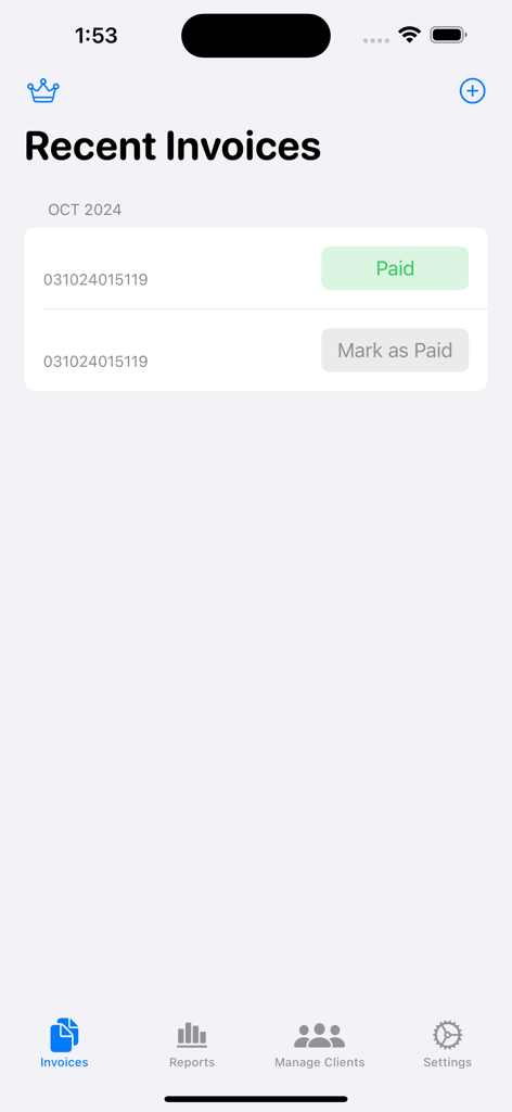 請求書の支払い状況ラベルとナビゲーションアイコンが表示された、最近の請求書リストを示すモバイルアプリ画面