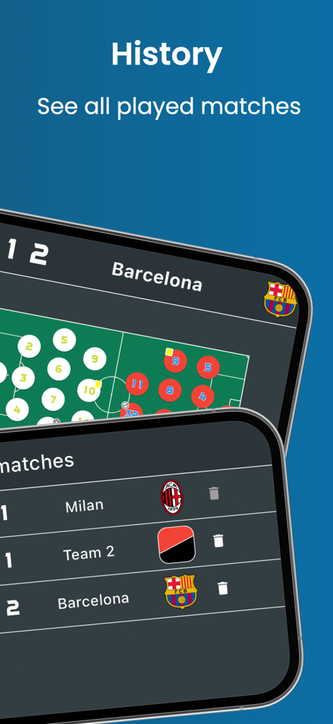 과거 경기 점수 목록과 전술 게임 보드를 보여주는 축구 스코어보드 앱 인터페이스