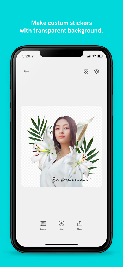 Picolla - Be Bohemian - Interface of Picolla app showing a portrait of a woman with white lilies on a transparent background to create custom stickers.