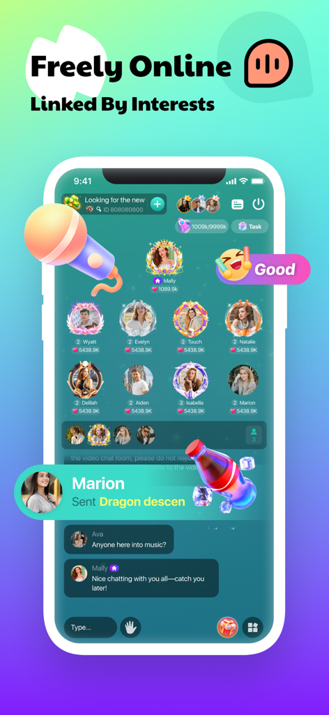 Timo Club app interface showing a multiplayer voice chat room with user avatars and social interaction features